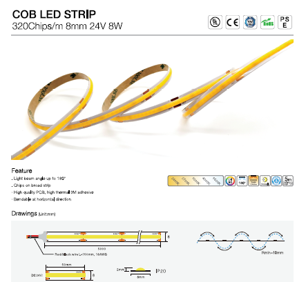 COB 320 LED/M +90CRI DC 24V 8 mm IP20 5 Meters (16.56 feet) Roll LED Strip, 3000K