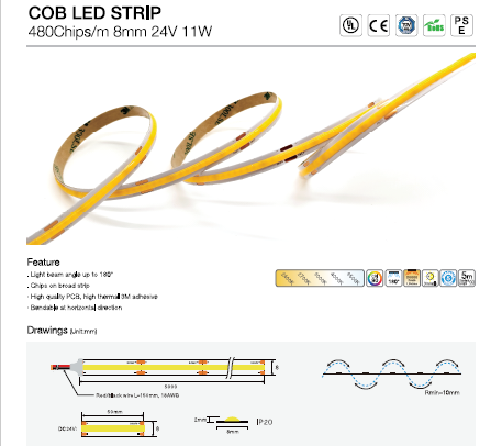 COB 480 LED/M +90CRI DC 24V IP20 8MM 5 Meters (16.56 feet) Roll LED Strip, 3000K