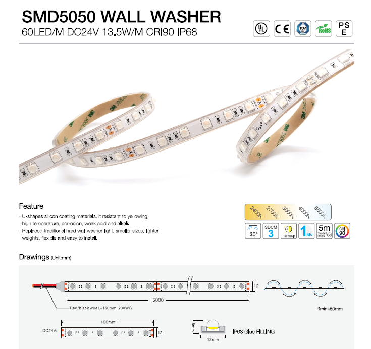 FLEXIBLE WALL WASHER SMD5050 60 LED/M 24V DC +90CRI 12mm IP68 5 Meters (16.56 feet) Roll 3000K