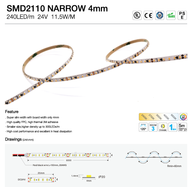 SMD2110 240 LED/M Ultra Slim 4mm +90CRI IP20 24V DC 5 Meters (16.56 feet)Roll, 3000K
