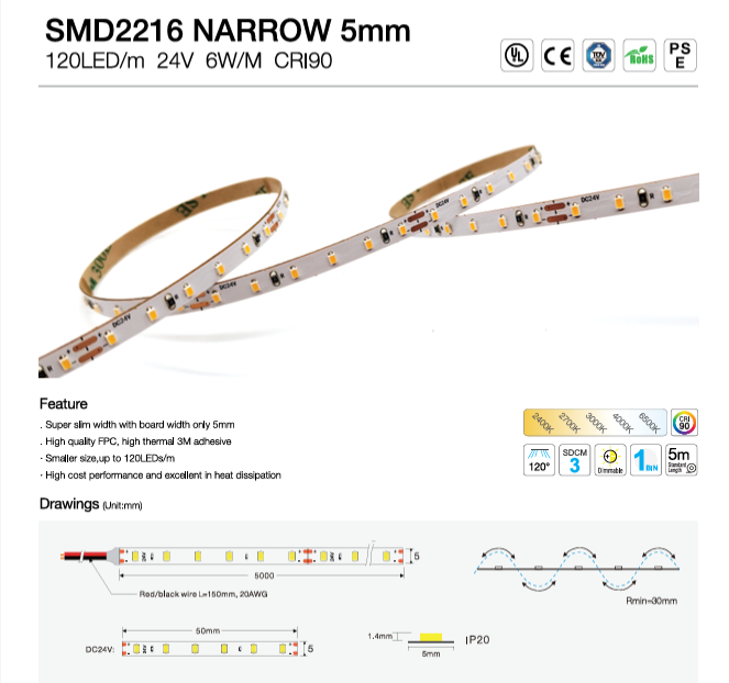SMD2216 120 LED/M Ultra Slim 5mm +90CRI IP20 24V DC 5 Meters (16.56 feet) Roll, 3000K