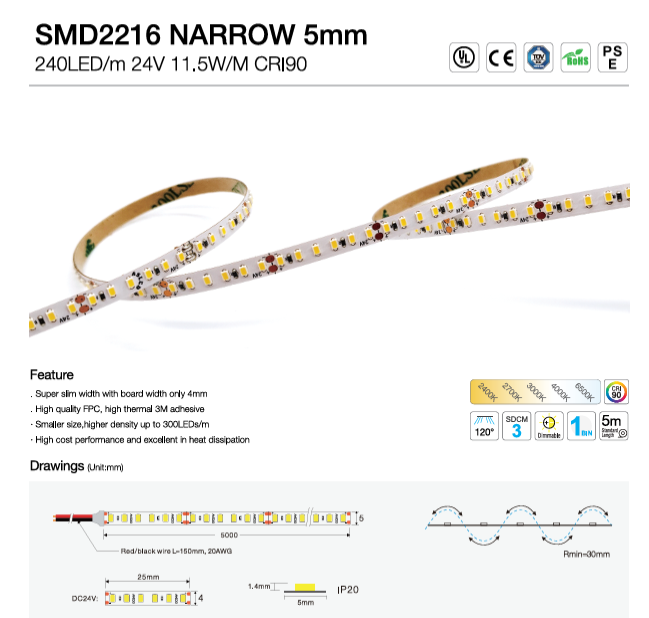 SMD2216 240 LED/M Ultra Slim 5mm +90CRI IP20 24V DC 5 Meters (16.56 feet)Roll, 3000K