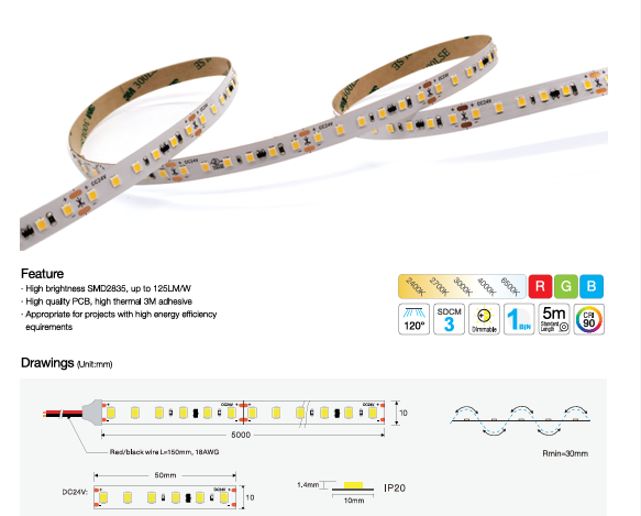 SMD 2835 120 LED/M Constant Current LED Strip +90CRI IP20 24V DC 10 mm 5M (16.56 feet)/Roll, 4000K