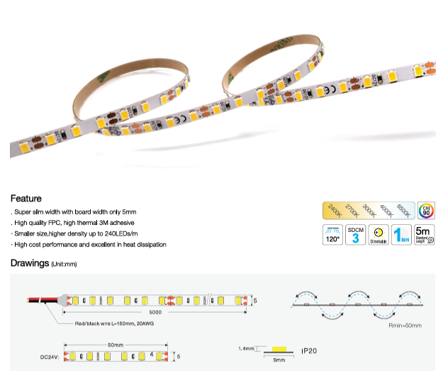 SMD2835 120 LED/Meter 24V DC 5mm +90CRI IP20 Copper 2 OZ Light Efficiency 960 Lm/m, 5M (16.56feet) /Roll 6500K