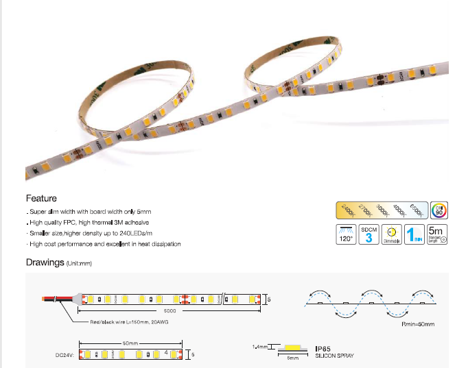 SMD2835 120 LED/ M 24V DC 5mm +90CRI IP65 Copper 2 OZ Light Efficiency 960Lm/m 5M(16.56feet)/Roll, 3000K
