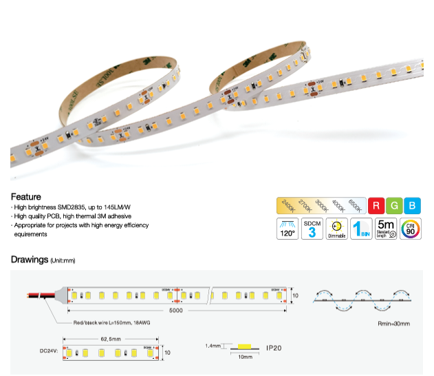 SMD 2835 128 LED/M High Efficiency LED Strip +90CRI IP20 24V DC 10mm 3OZ  5M (16.56 feet)/Roll,  4000K