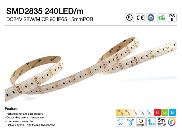 SMD2835 240 LED/M 24V DC 15mm Double Rows +90CRI IP65 Copper 2 OZ  5M(16.56 feet)/Roll, 4000K