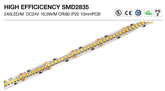 SMD2835 240 LED/M High Efficiency LED Strip +90CRI IP20 24V DC 10mm 3 OZ  5M (16.56 feet)/Roll, 3000K
