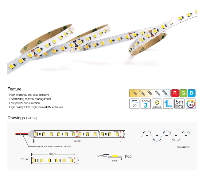 SMD2835 120 LED/Meter 24V DC 8mm +90CRI IP20 Copper 2 OZ  Light Efficiency 865Lm/m, 5M (16.56feet) /Roll 4000K