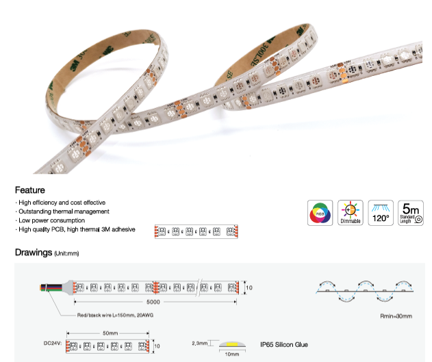 SMD5050 120 LED/M 24V DC 10mm +90CRI IP65 Copper 2OZ 5M (16.56 feet)/Roll, 3000K