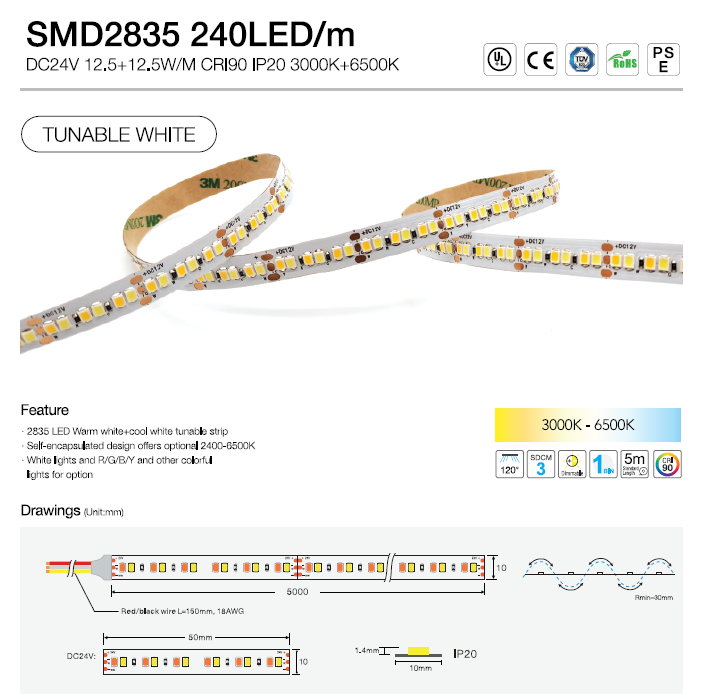 Tunable LED strip SMD2835 W+WW 240 LED/M 24V DC +90CRI 10mm IP20 5 Meters (16.56 feet) Roll 3000K + 6500K